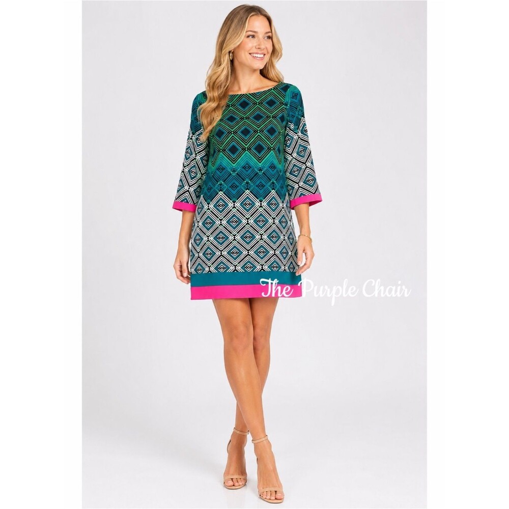 ELIZA J NWT Geometric Print Pink Contrast Shift Dress 4